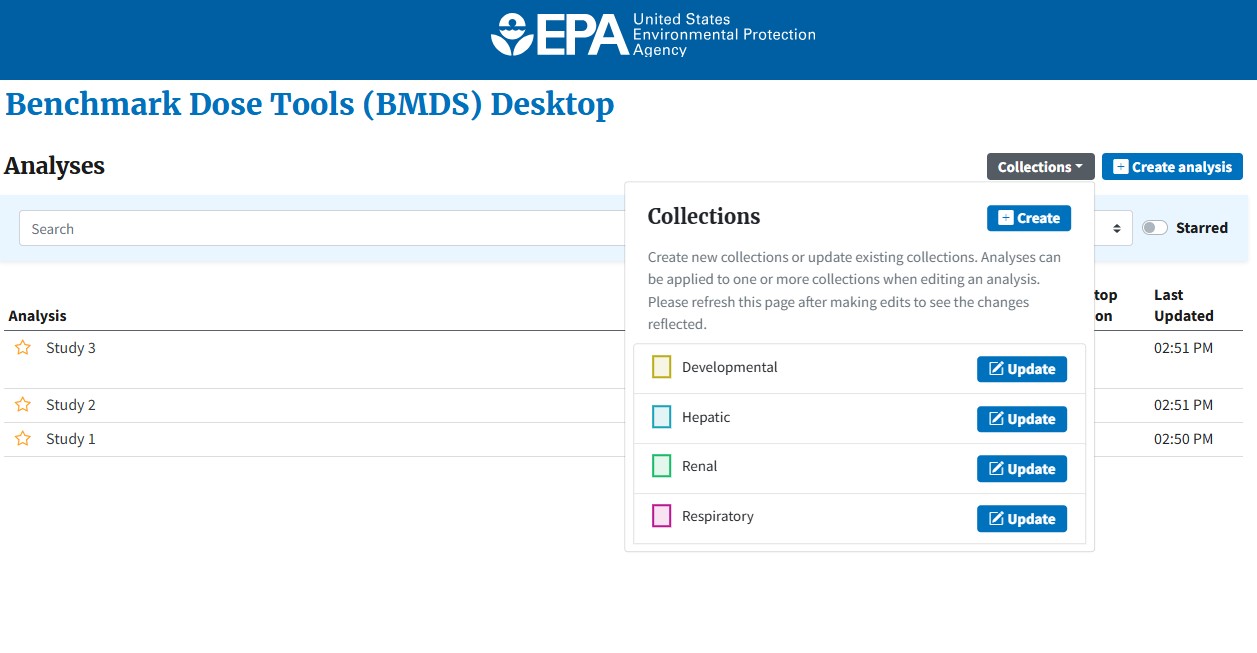 Screenshot of BMDS Desktop Main Page with Collections drop down menu displayed with different tag options
