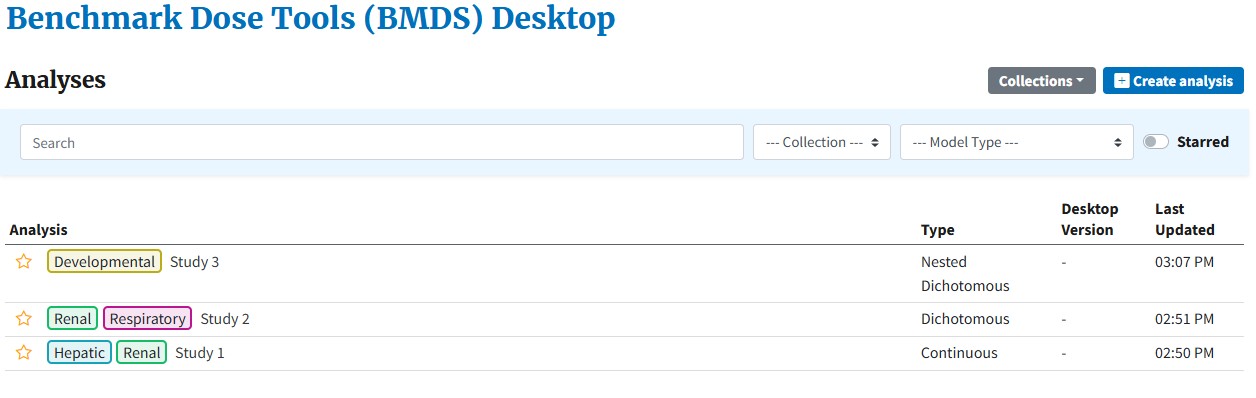 Screenshot of BMDS Desktop Main Page with Collections tags applied to all analyses
