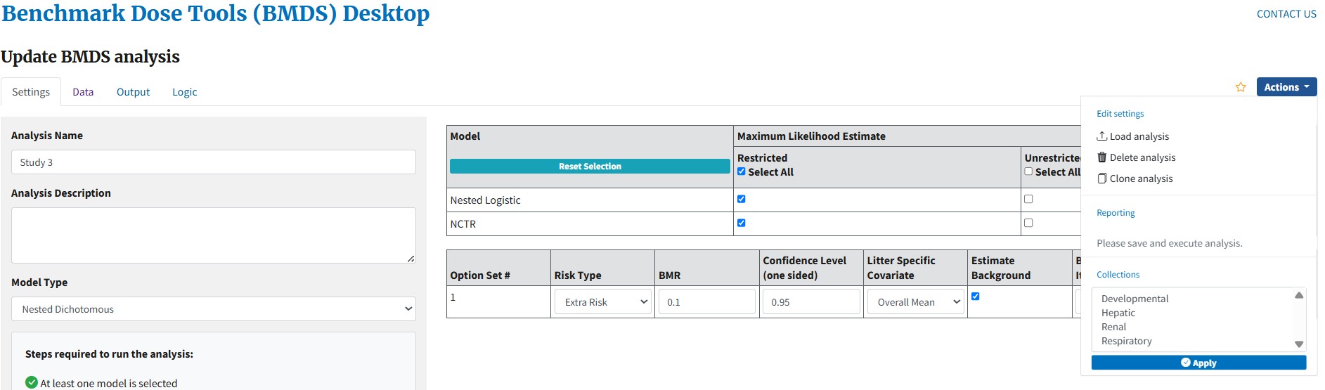Screenshot of BMDS Desktop Settings tab for an analysis with the Collection field within the Actions drop down menu displayed