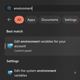 Screenshot of how to find the "Edit environment variables for your account" icon
