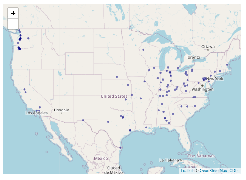 US map showing analyzed points