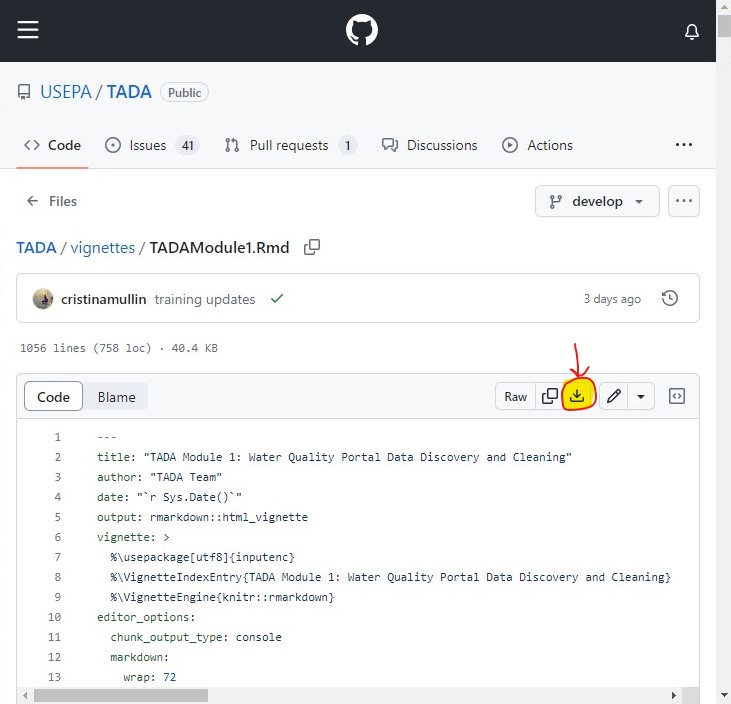 Click the highlighted icon to download TADAModule1.Rmd from GitHub. Open this file in R Studio to follow along. Alternatively, you can copy and paste desired lines of code from here into your own script. Note: You must have a GitHub account to download TADAModule1.Rmd from GitHub