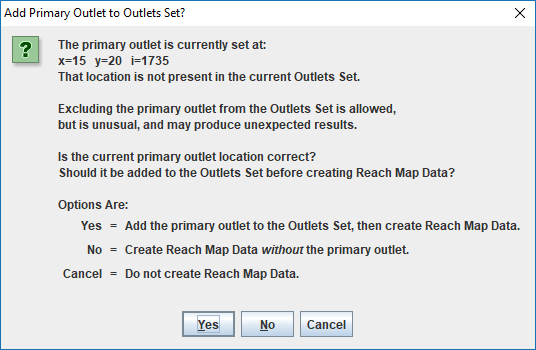 Create Reach Map add Primary Outlet Option Dialog