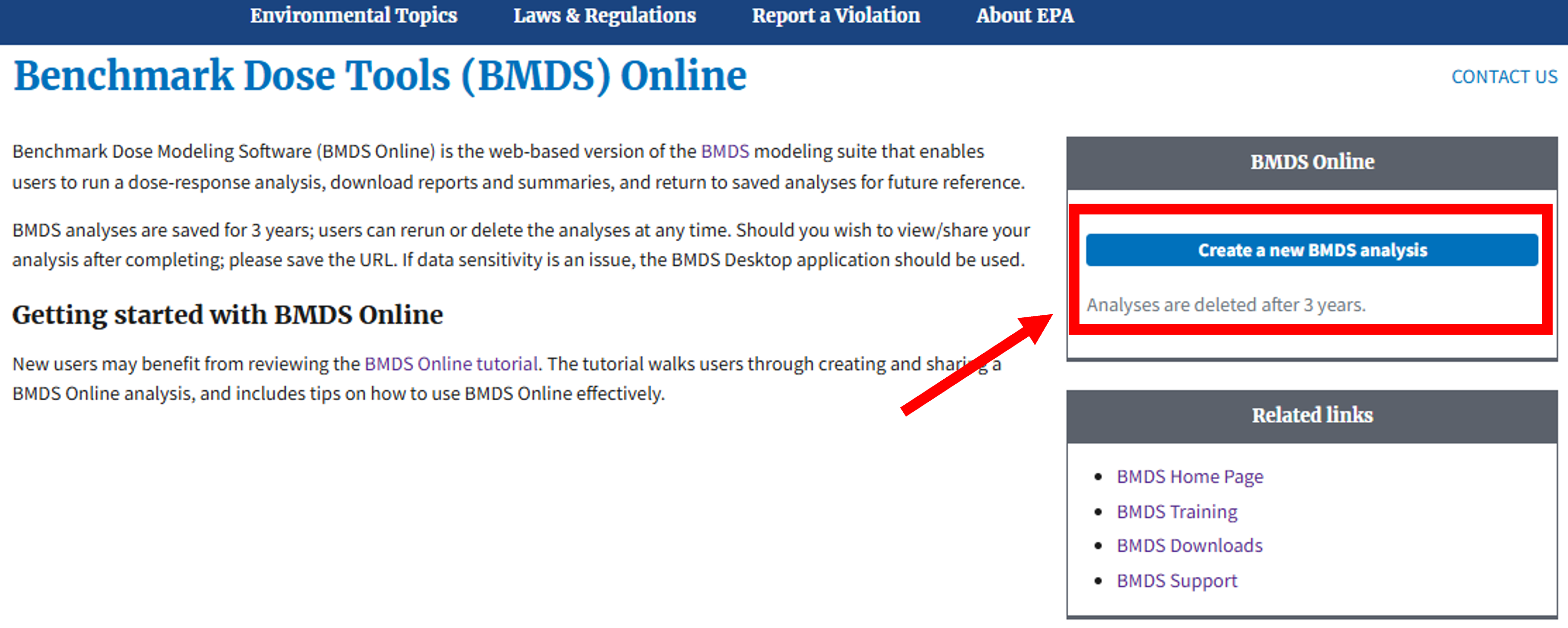 BMDS Online landing page, with Create a new BMDS analysis button highlighted