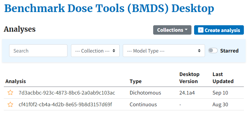 BMDS Desktop user interface showing list of previous analyses