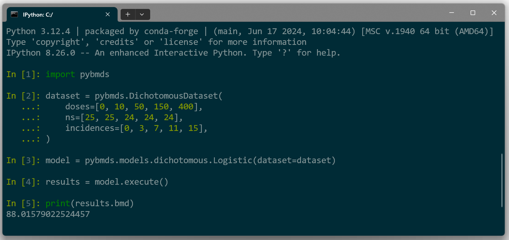 pybmds running in a terminal window