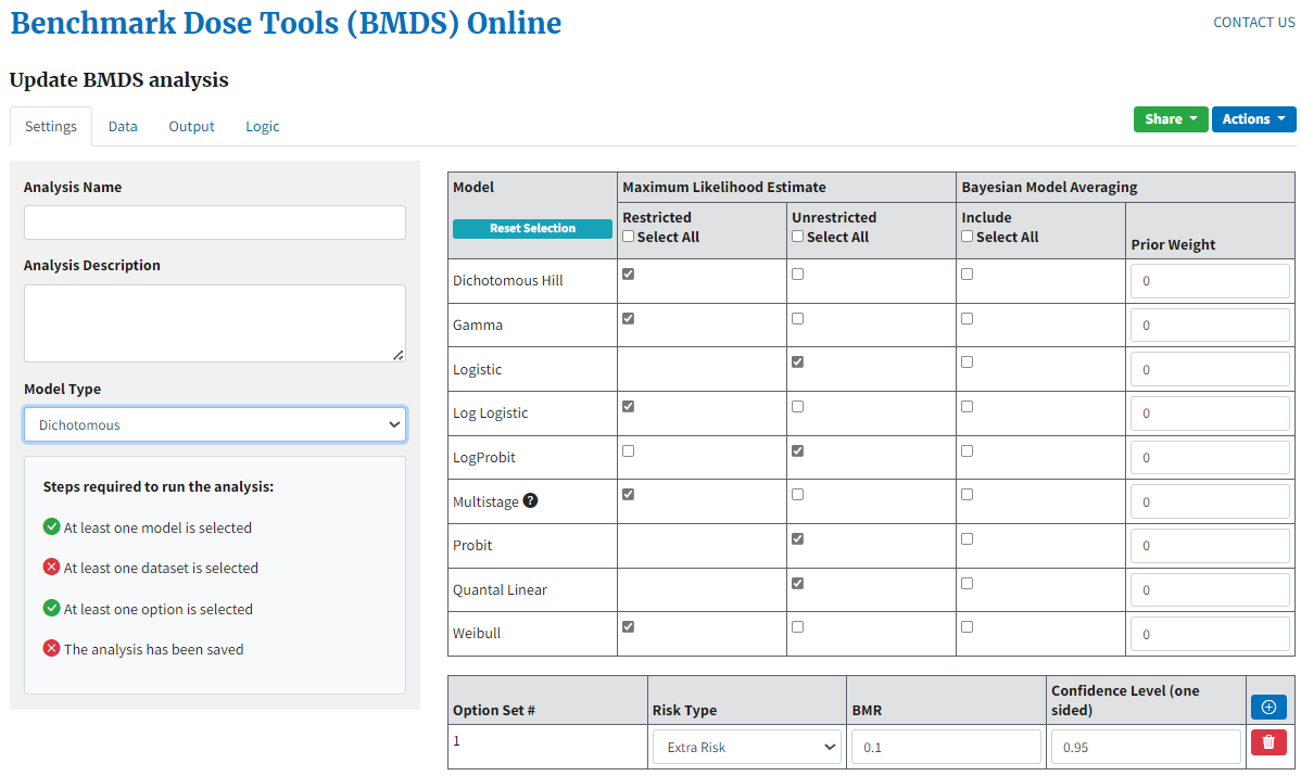 BMDS Online page with default model selections