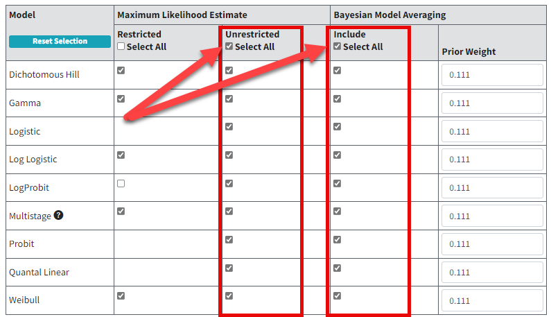 Two columns highlighted with arrows pointing to the Select All checkbox