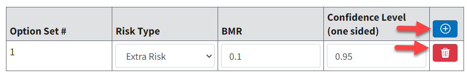 Option Set row with arrows pointing to the Add and Delete Row buttons