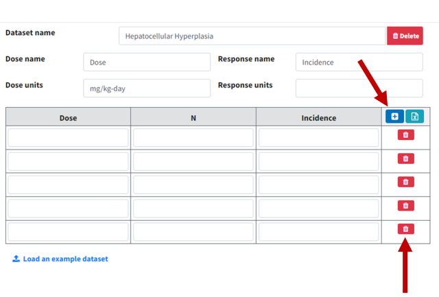 Dataset table with plus and minus icons