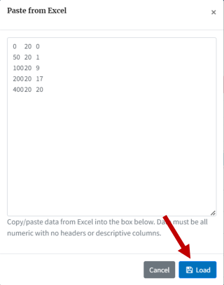 BMDS Online\'s Paste from Excel window, with the Load button highlighted