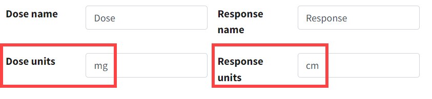 Red boxes highlighting the Dose units and Response units fields