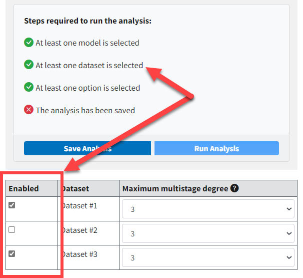 Enabled checkboxes for datasets are highlighted, with arrows pointing to analysis criterion
