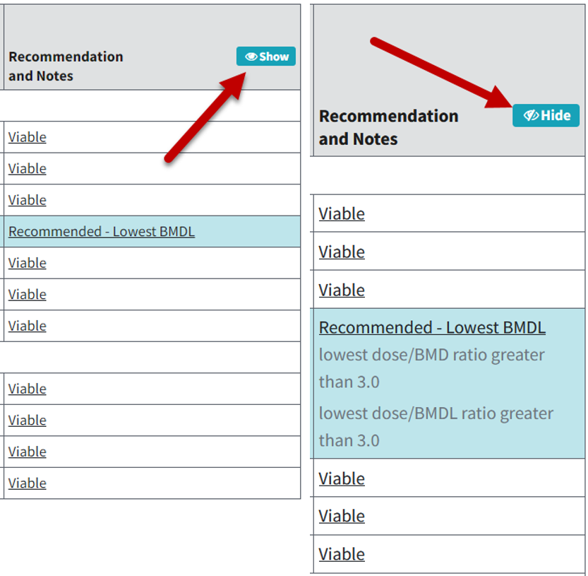Before and after images of Recommendations and Notes column, with arrows pointing to Show and Hide button toggle
