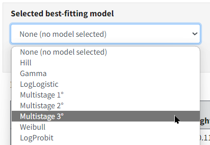 Selected best-fitting model picklist, with Multistage 3 model highlighted
