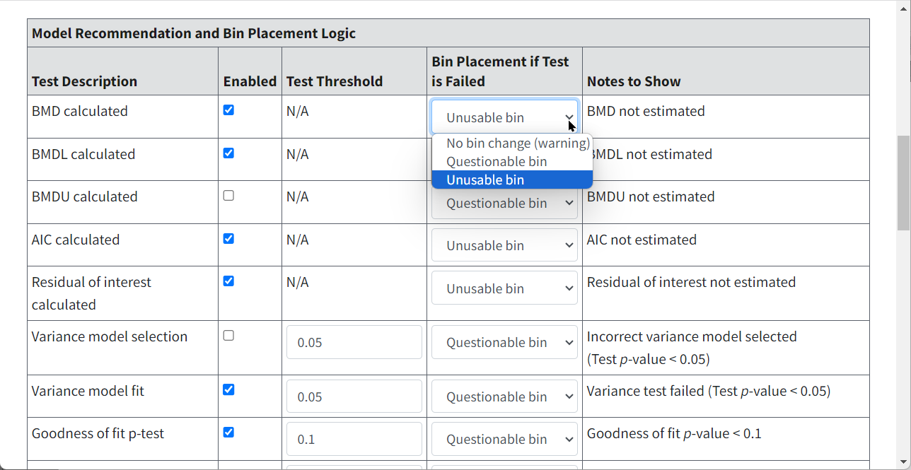 Model Recommendation and Bin Placement Logic table with picklist displayed for alternative bin placement