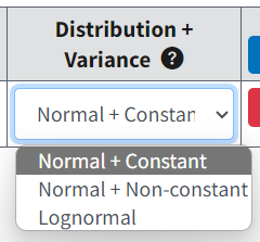Picklist menu selections for Distribution+Variance, with Normal+Constant highlighted