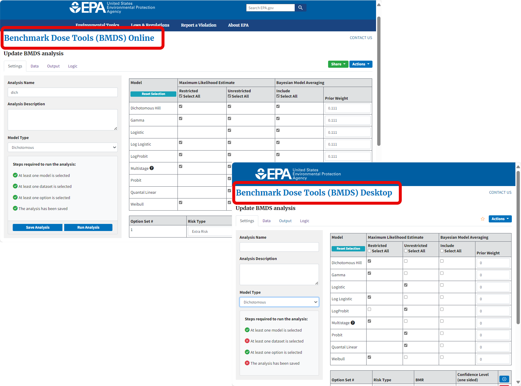 Side by side captures of BMDS Online and BMDS Desktop to show similarity, with page titles highlighted