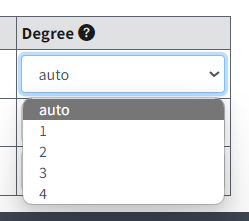 Degree column picklist values displayed, with "auto" selected