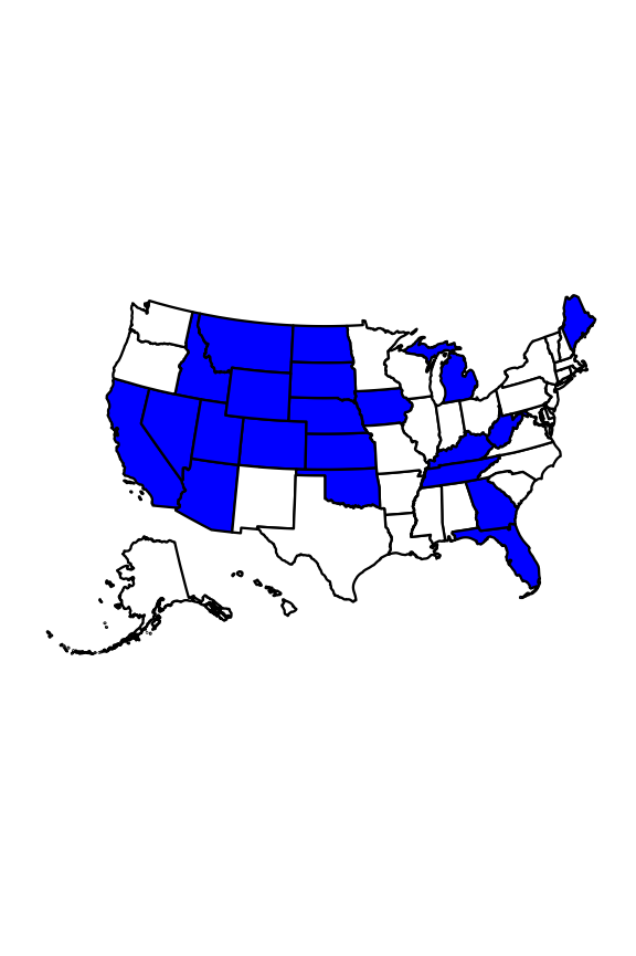 Fig 1. A map of the United States, including Alaska and Hawaii. Any state with selenium listed as a cause of impairment for any waters is filled in blue.