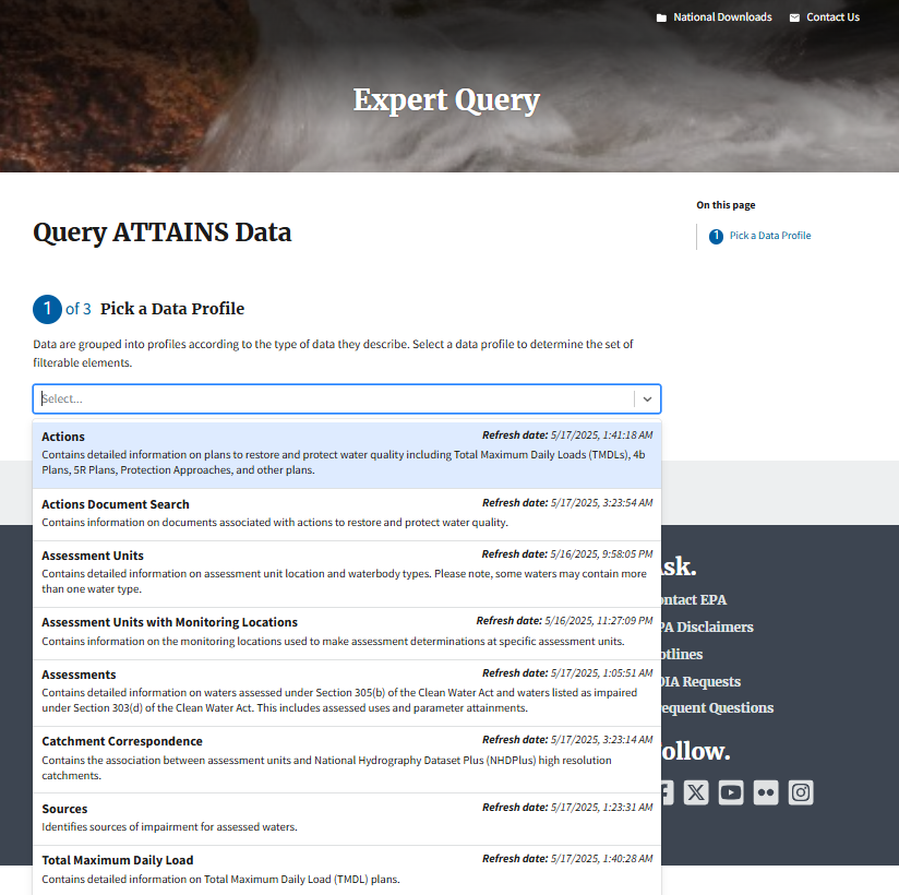 A screenshot of the Expert Query user interface with the dropdown menu open to display the profile options.