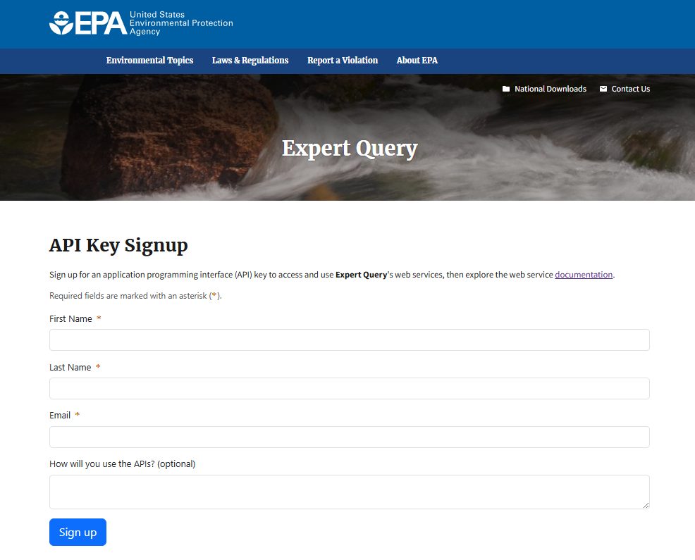 A screenshot of the web page to sign up for your Expert Query API Key